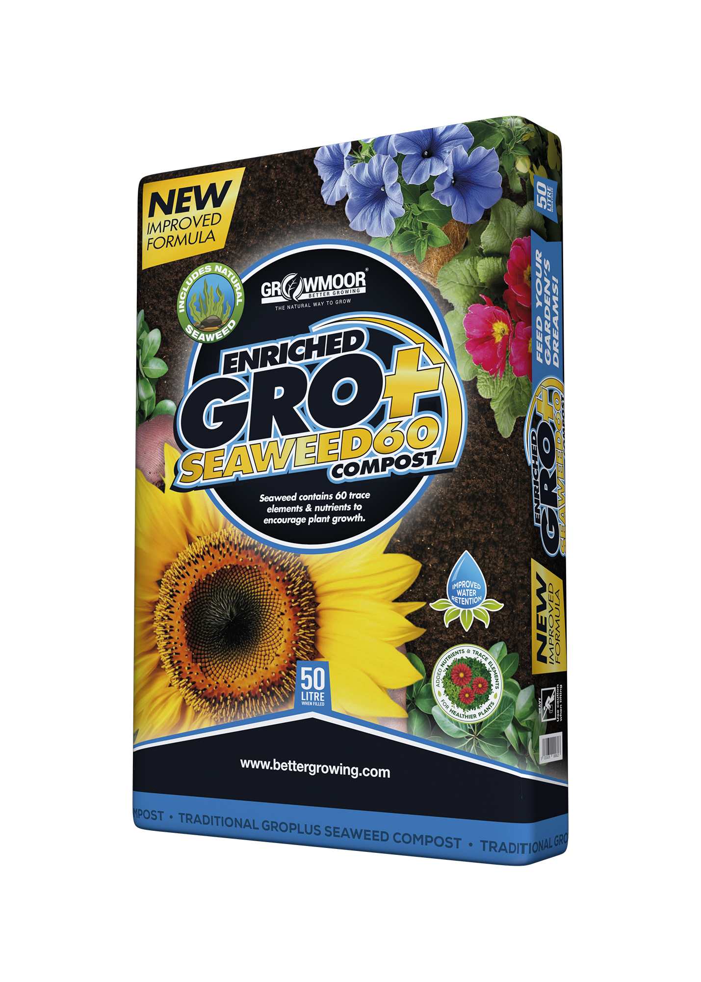 Growmoor Enriched Seaweed Compost packaging with sunflower and flowers on a white background