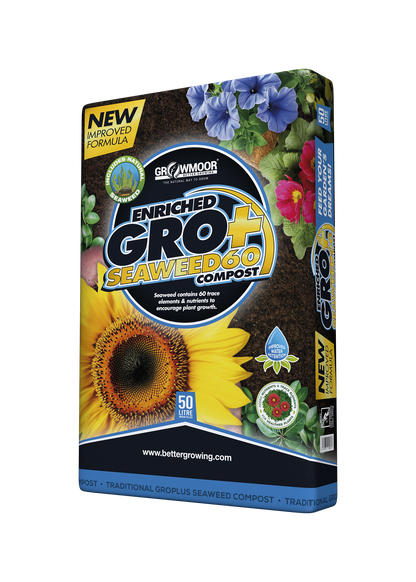 Growmoor Enriched Seaweed Compost packaging with sunflower and flowers on a white background