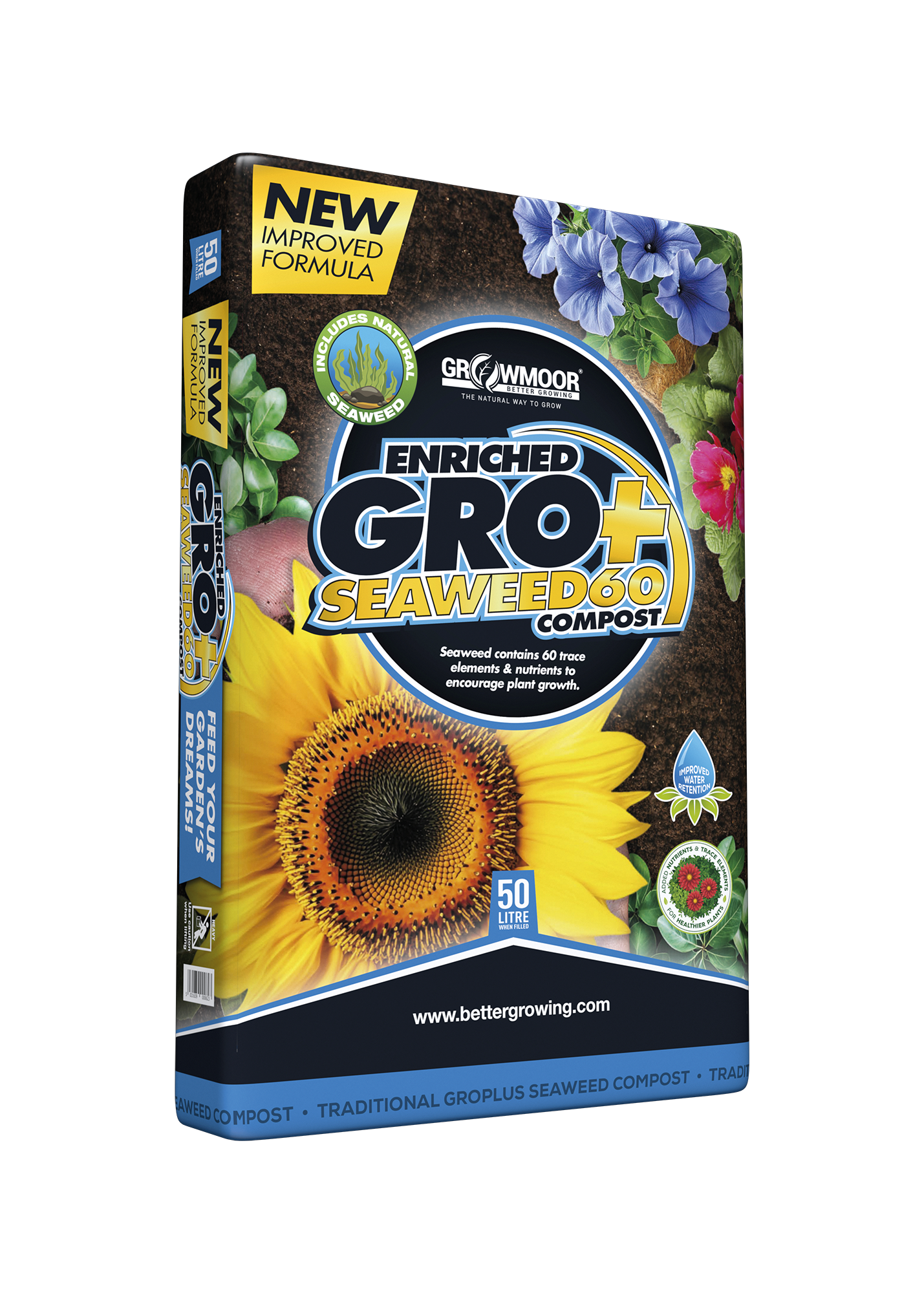 Box of Enriched GRO+ Seaweed compost with sunflower and seaweed images on a white background