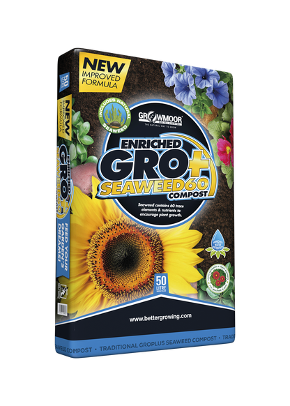 Box of Enriched GRO+ Seaweed compost with sunflower and seaweed images on a white background