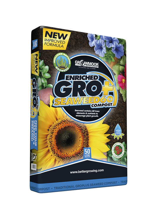 Box of Enriched GRO+ Seaweed compost with sunflower and seaweed images on a white background