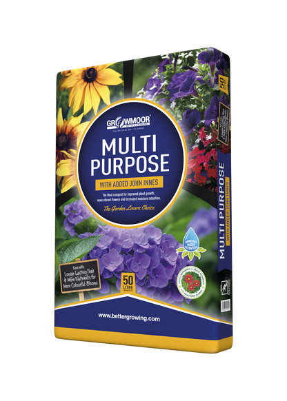 Growmoor multi-purpose fertilizer packaging with flowers on a white background