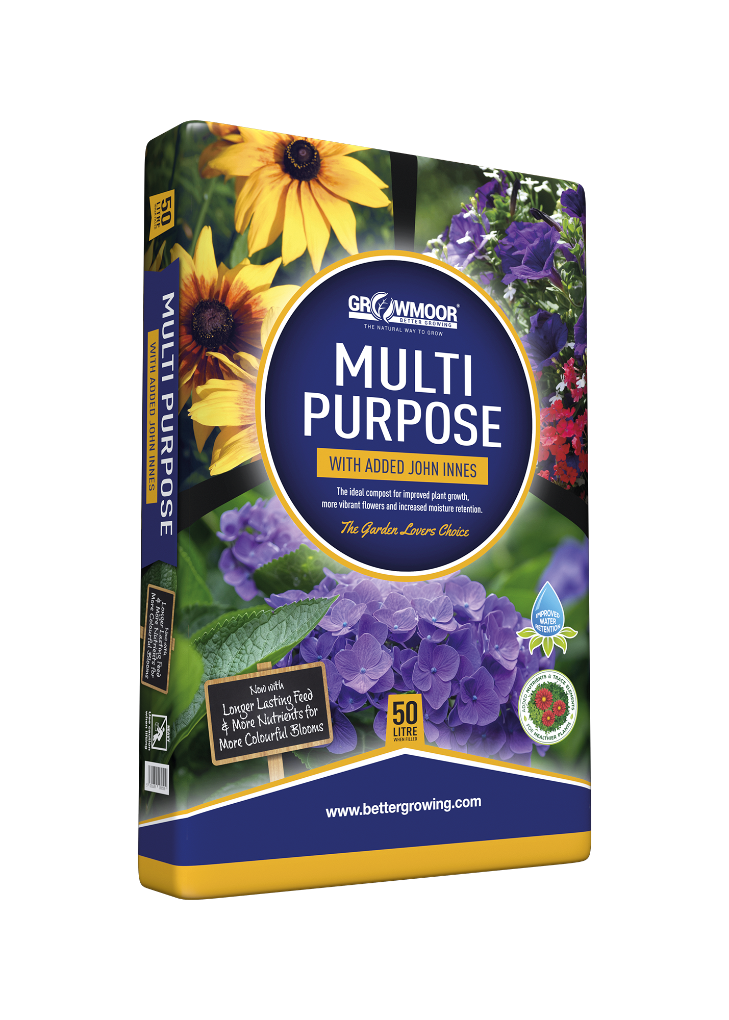 Multi-purpose fertilizer packaging with flowers on a white background