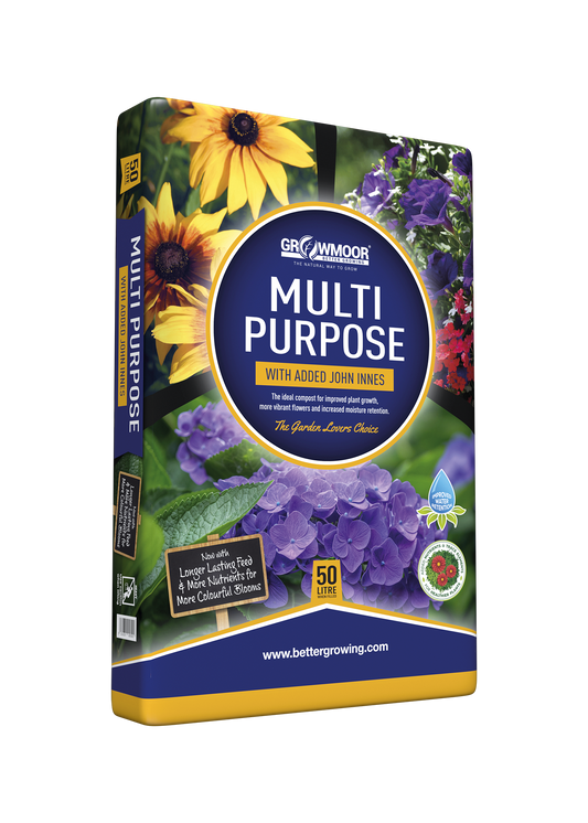 Multi-purpose fertilizer packaging with flowers on a white background