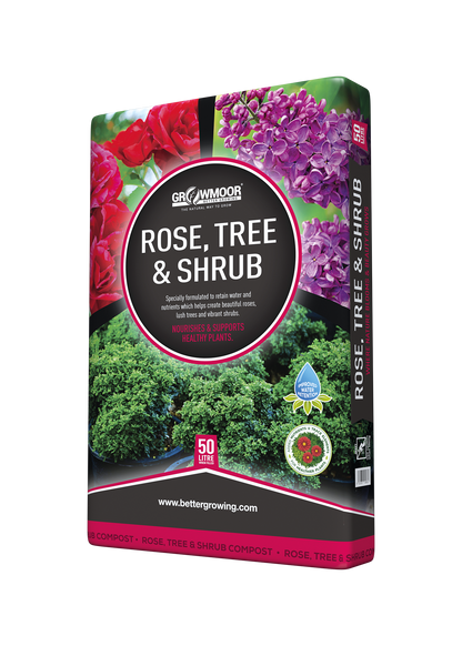 Gardening fertilizer package for rose, tree, and shrub with colorful floral design on a white background.