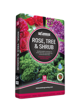 Gardening fertilizer package for rose, tree, and shrub with brand logo on a white background