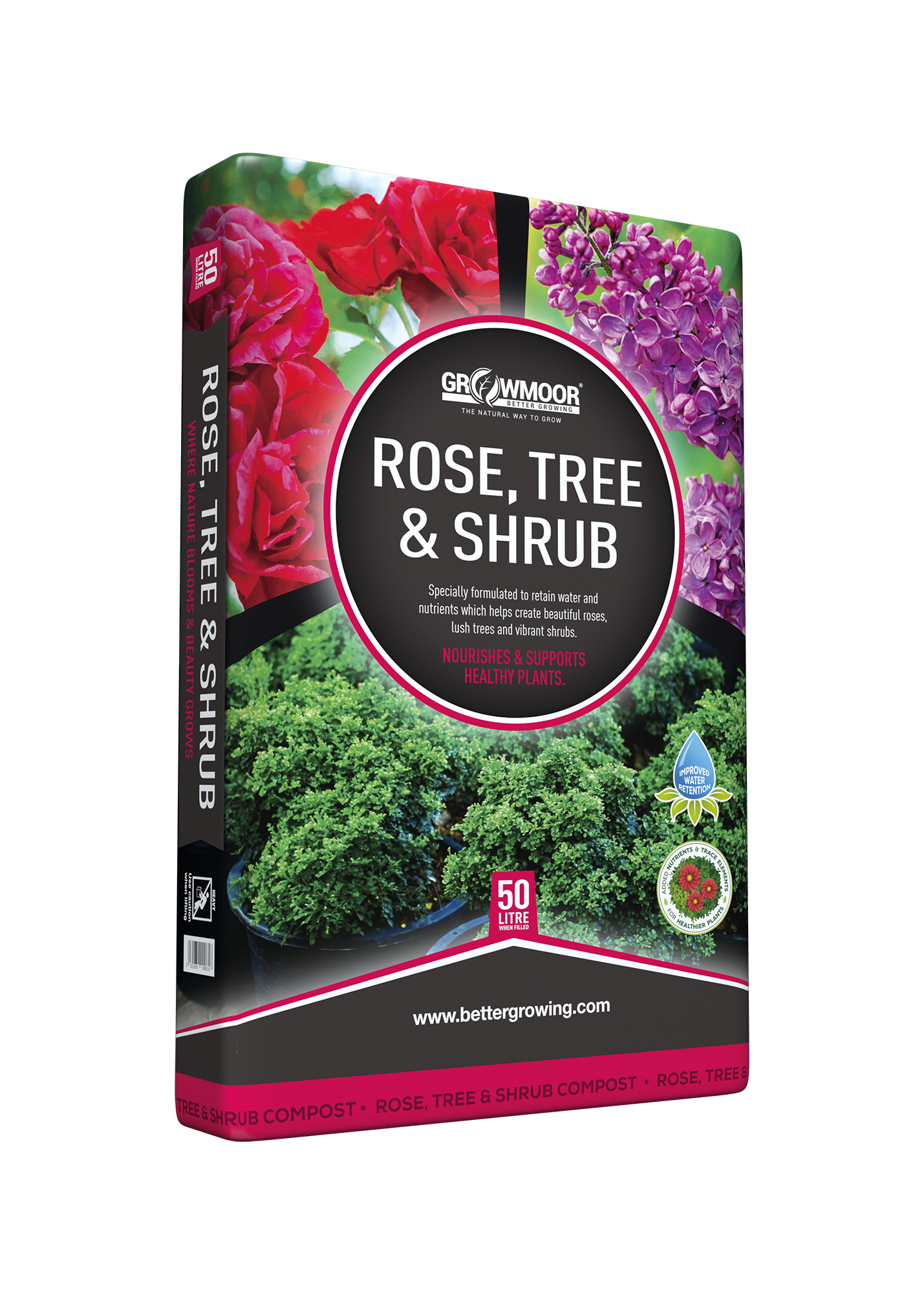 Gardening fertilizer package for rose, tree, and shrub with brand logo on a white background