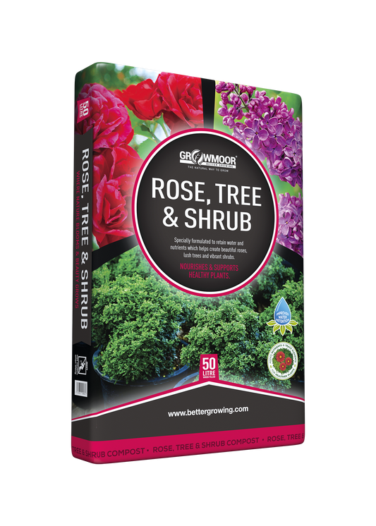 Gardening fertilizer package for rose, tree, and shrub with brand logo on a white background