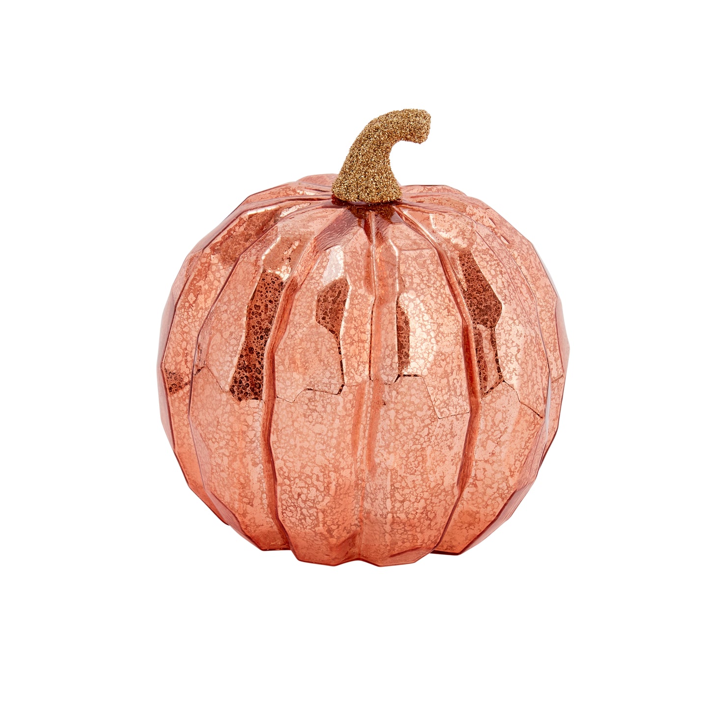 Decorative pumpkin with a rose gold finish on a white background