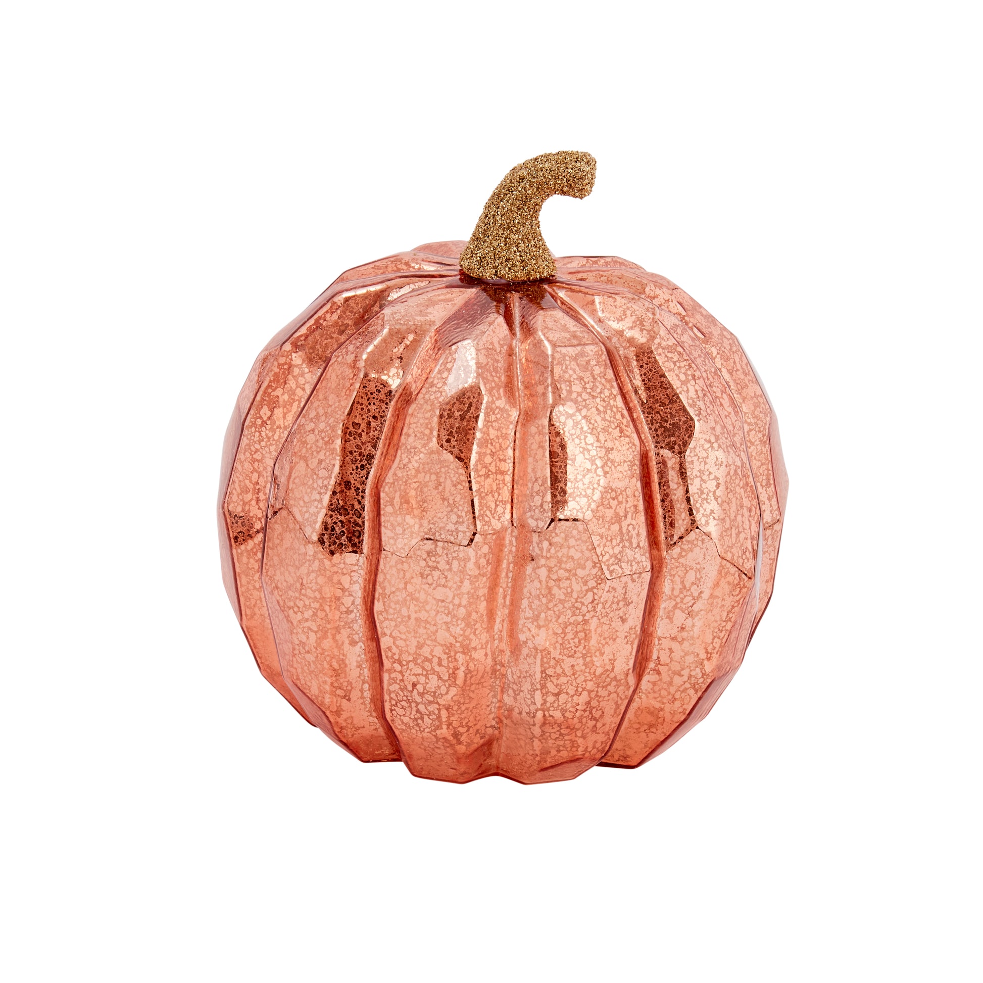Decorative pumpkin with a rose gold finish on a white background