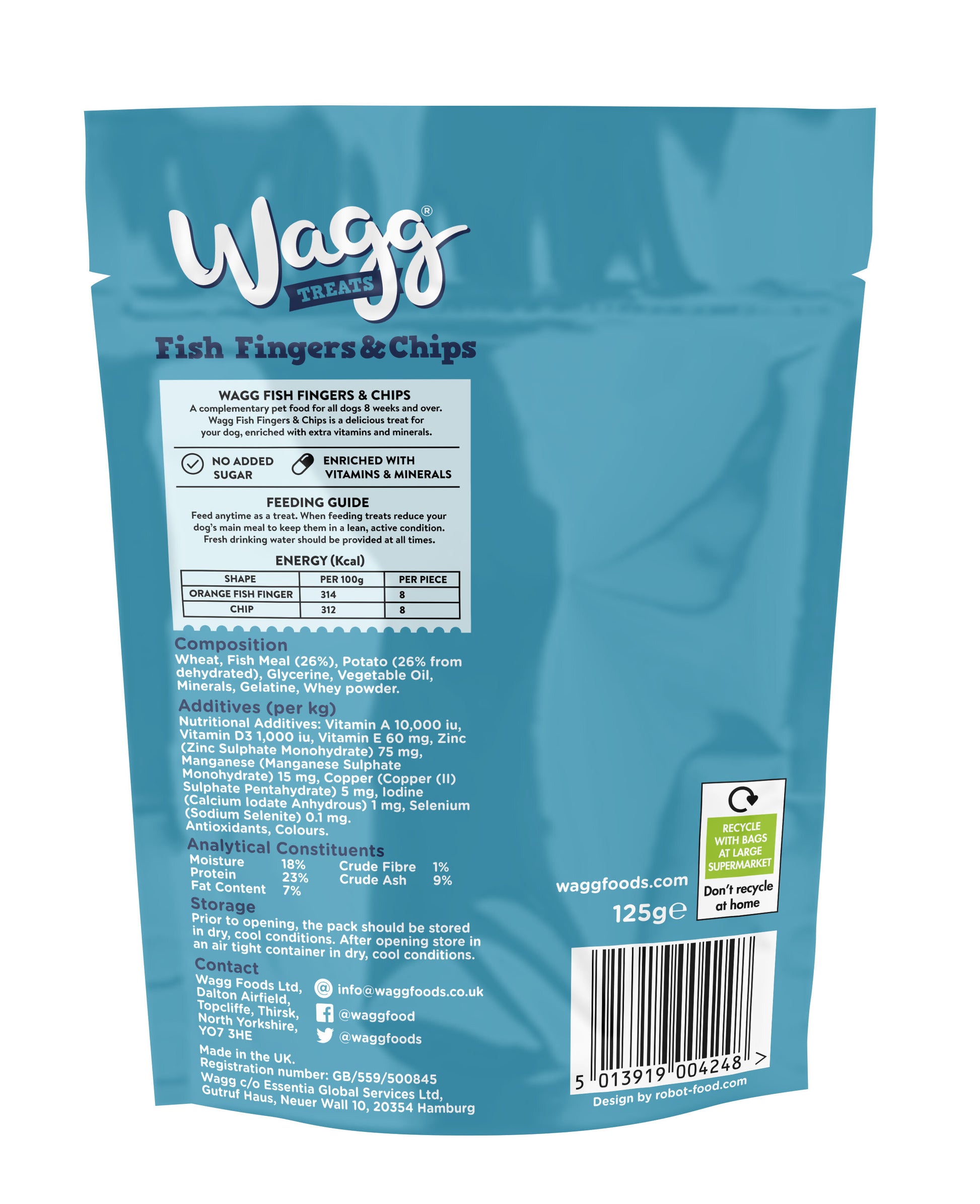 Wagg Treats Fish Fingers & Chips 125g on a white background