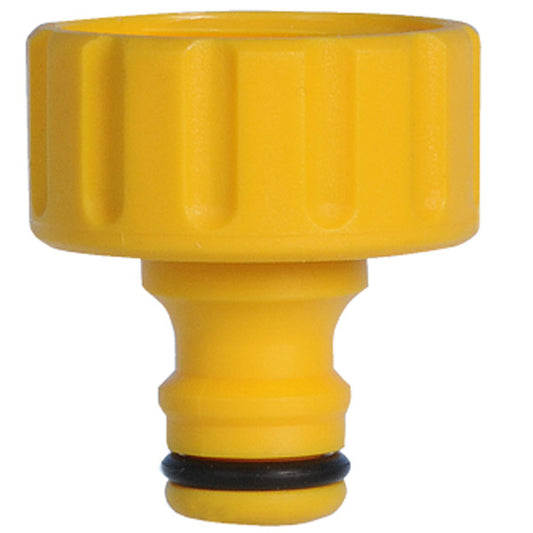 Yellow garden hose fitting on a white background
