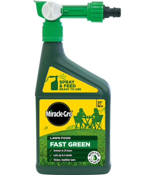 Miracle-Gro Lawn Food Fast Green spray bottle on a white background