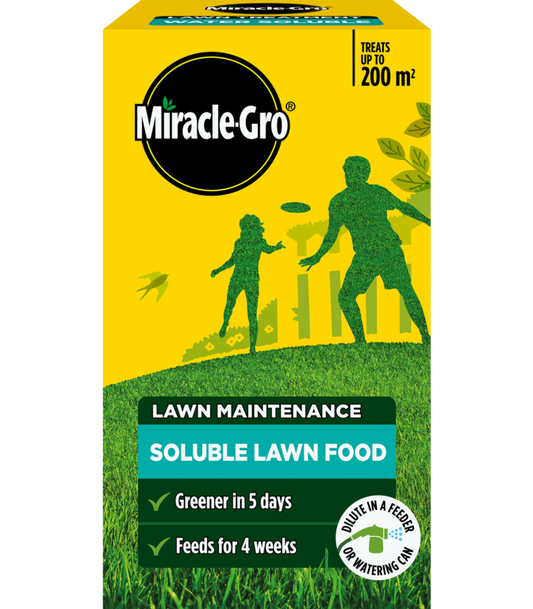 Box of Miracle-Gro lawn maintenance soluble lawn food with yellow background and green text.