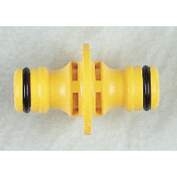 Yellow hose connector with black gaskets on a white background