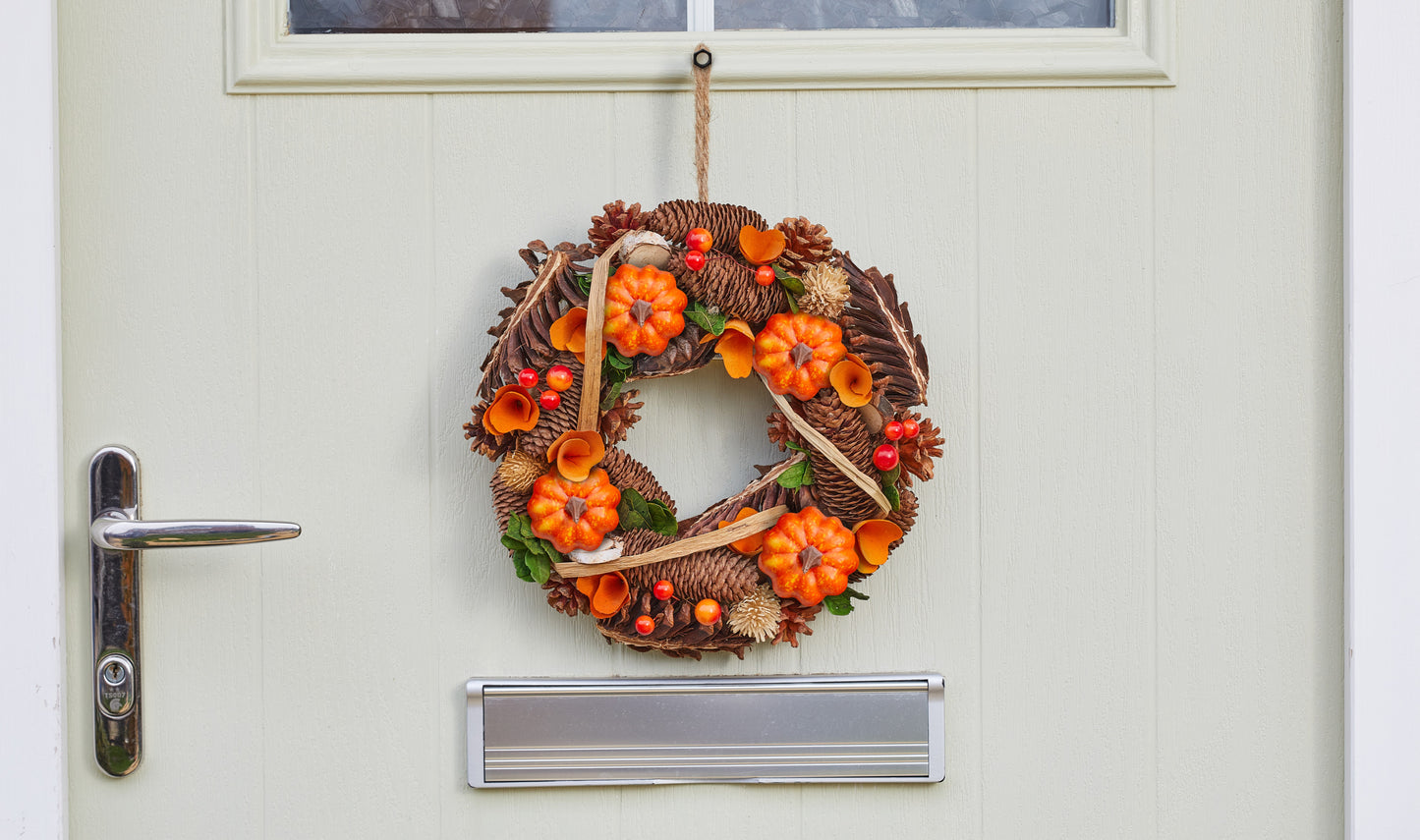 Decorative autumn wreath on a door