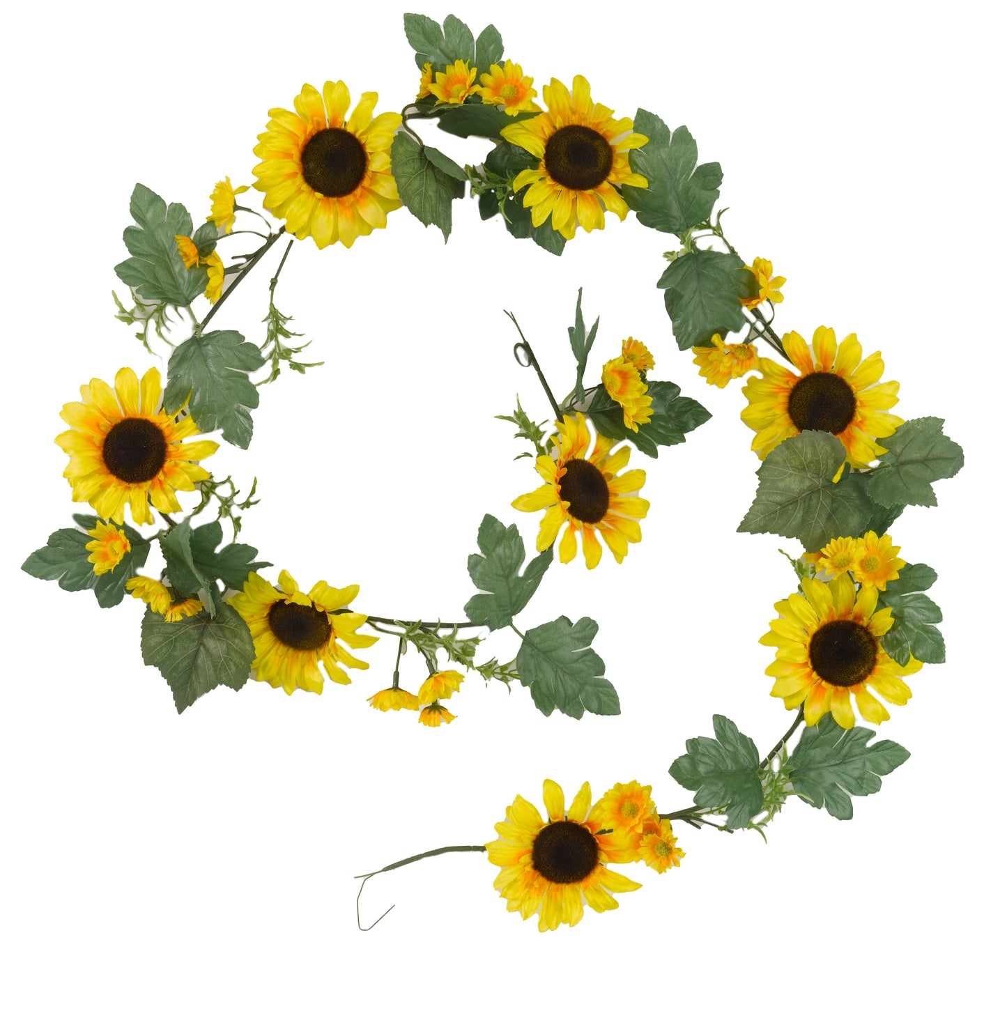 Sunflower wreath with green leaves on a white background