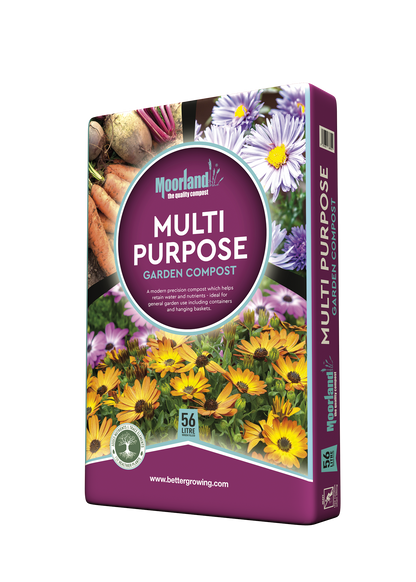 Box of Moorten Multi Purpose Garden Compost with images of vegetables, flowers, and text on a white background.