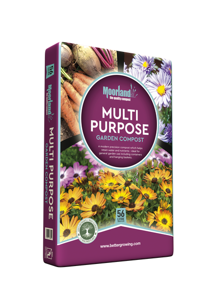 Box of Moorland Multi Purpose Garden Compost with gardening imagery on a white background