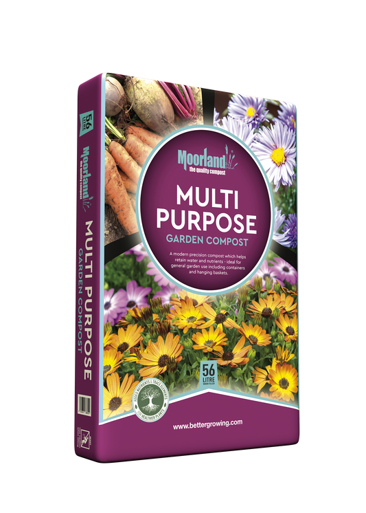 Box of Moorland Multi Purpose Garden Compost with gardening imagery on a white background