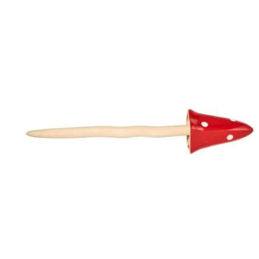 Red mushroom with a wooden handle on a white background