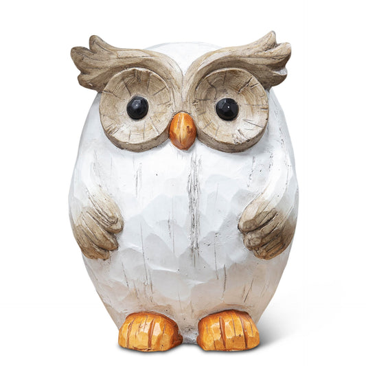 Decorative owl figurine with a white body, brown wings, and black eyes on a white background