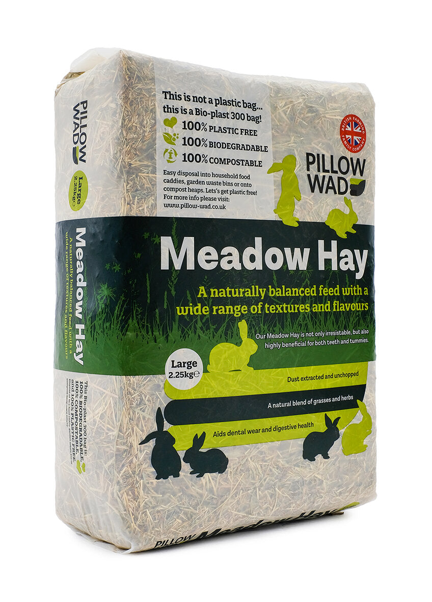 Bag of Meadow Hay with branding and product details on a white background
