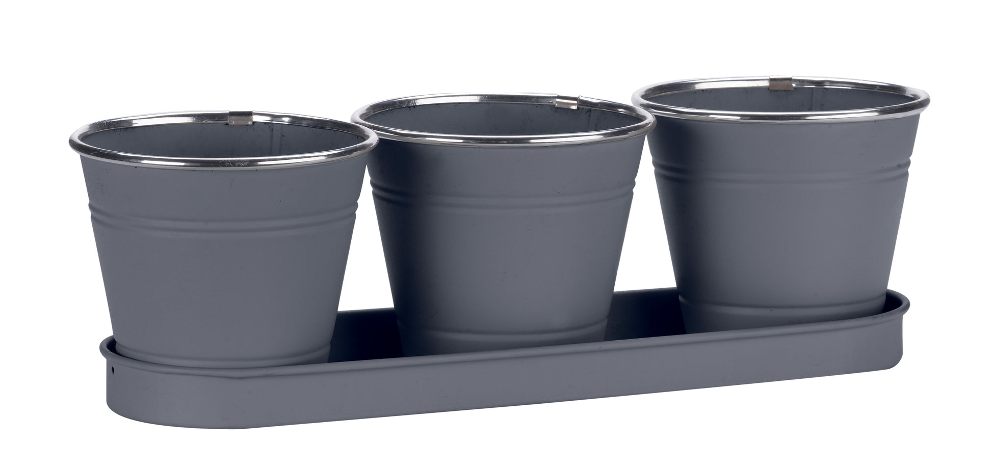 Set of three blue metal pots with a tray on a white background