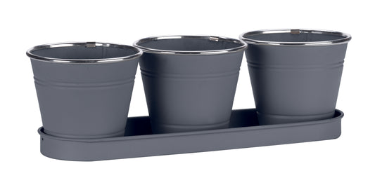 Set of three blue metal pots with a tray on a white background