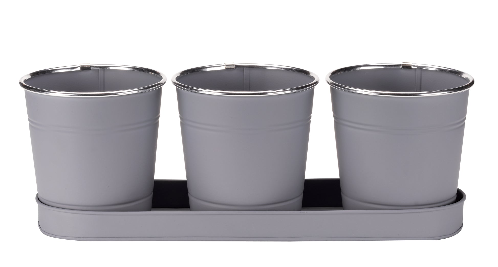 Three gray metal pots with a tray on a white background