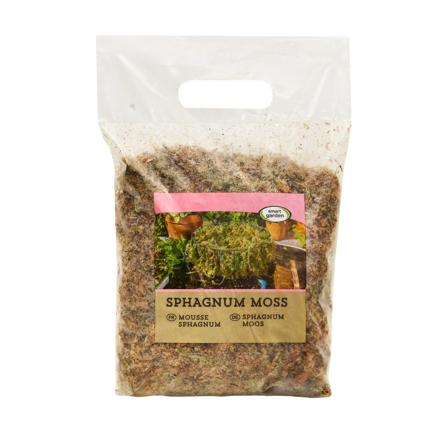 Package of sphagnum moss with a pink label on a white background