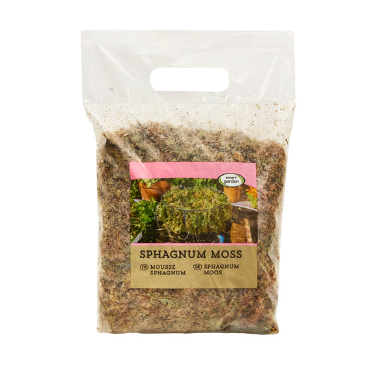 Package of sphagnum moss with a pink label on a white background