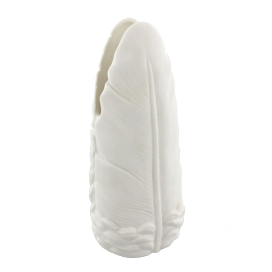 White feather-shaped vase on a white background