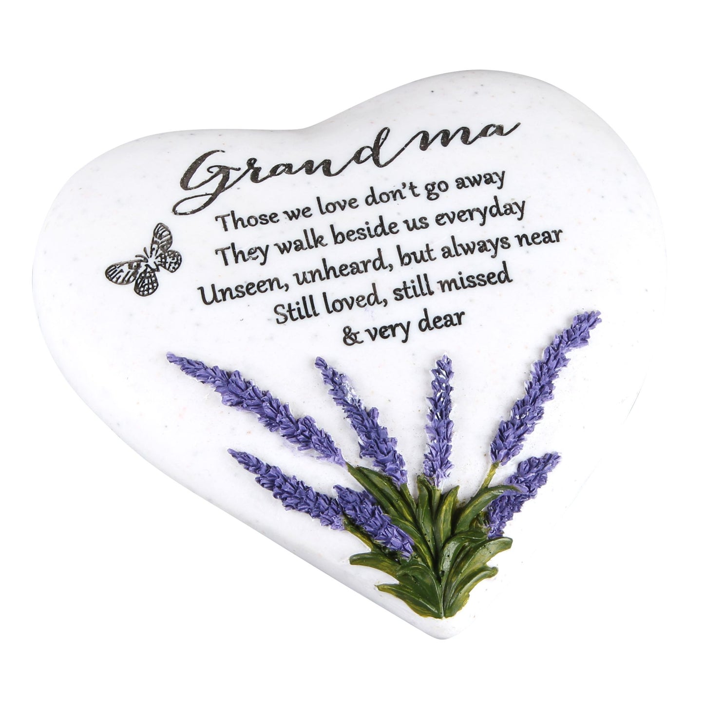 Heart-shaped white plaque with lavender design and text for 'Grandma' on a white background