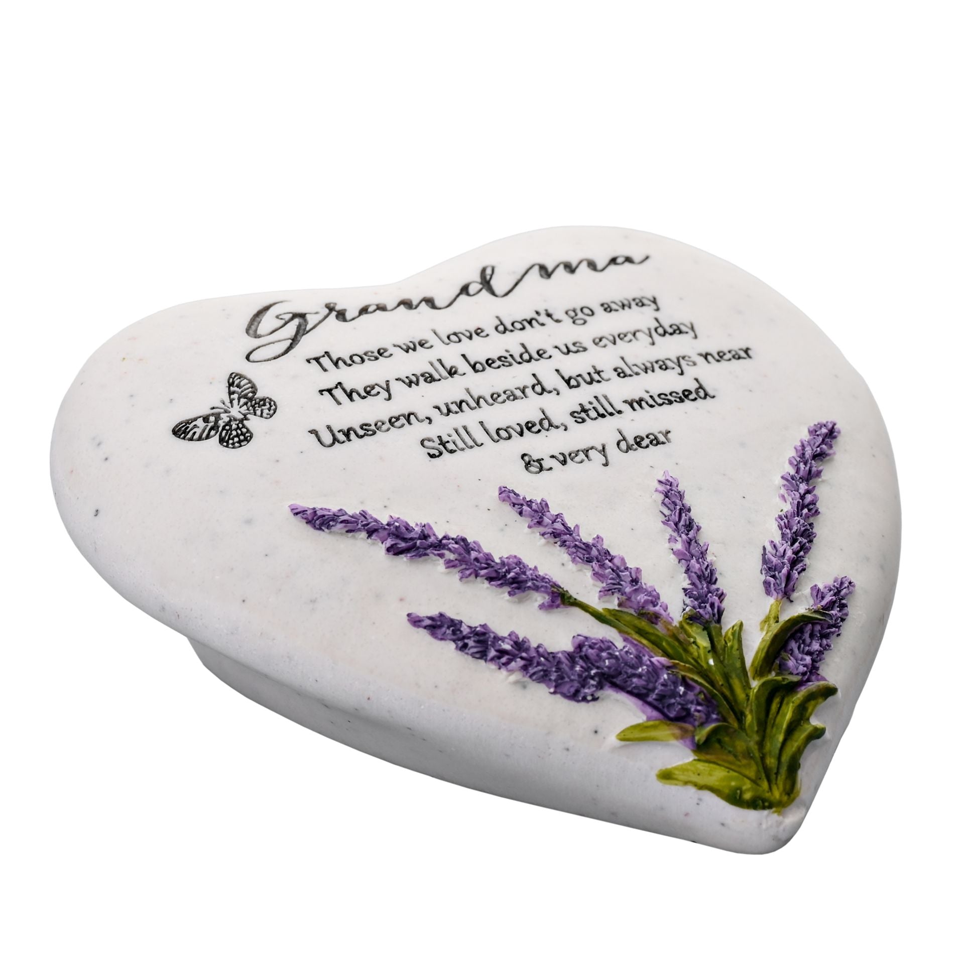 Heart-shaped stone with engraved text and lavender design on a white background