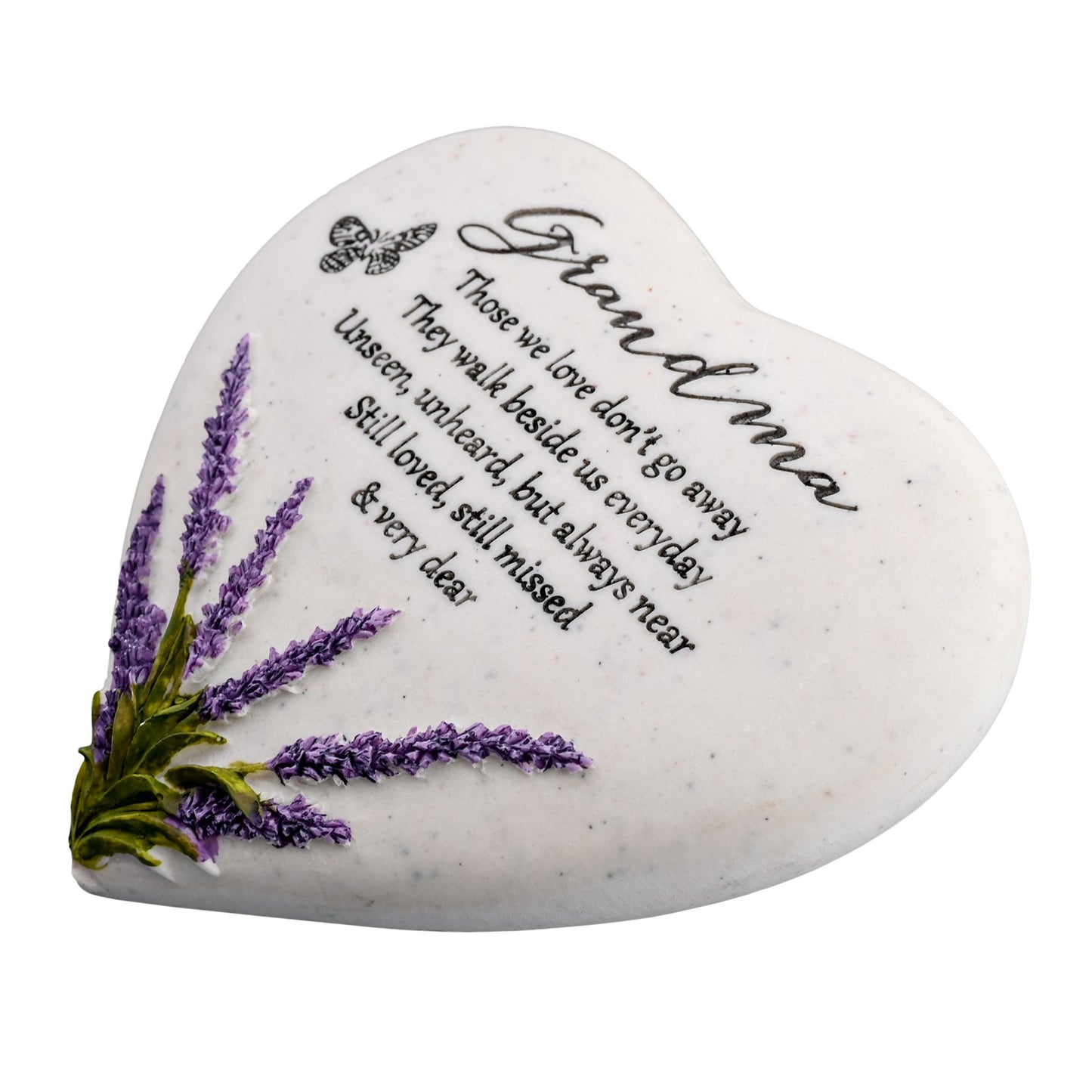Heart-shaped stone with lavender design and text on a white background