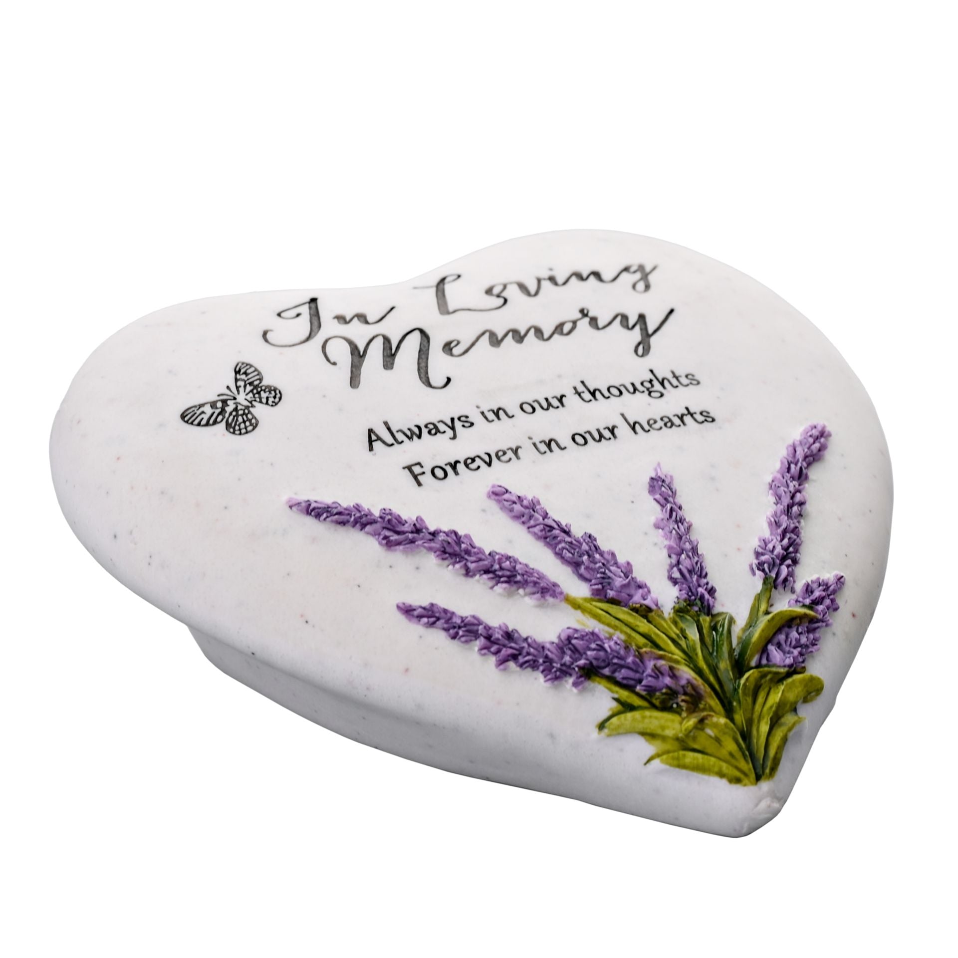 Heart-shaped stone with 'In Loving Memory' text and lavender design on a white background