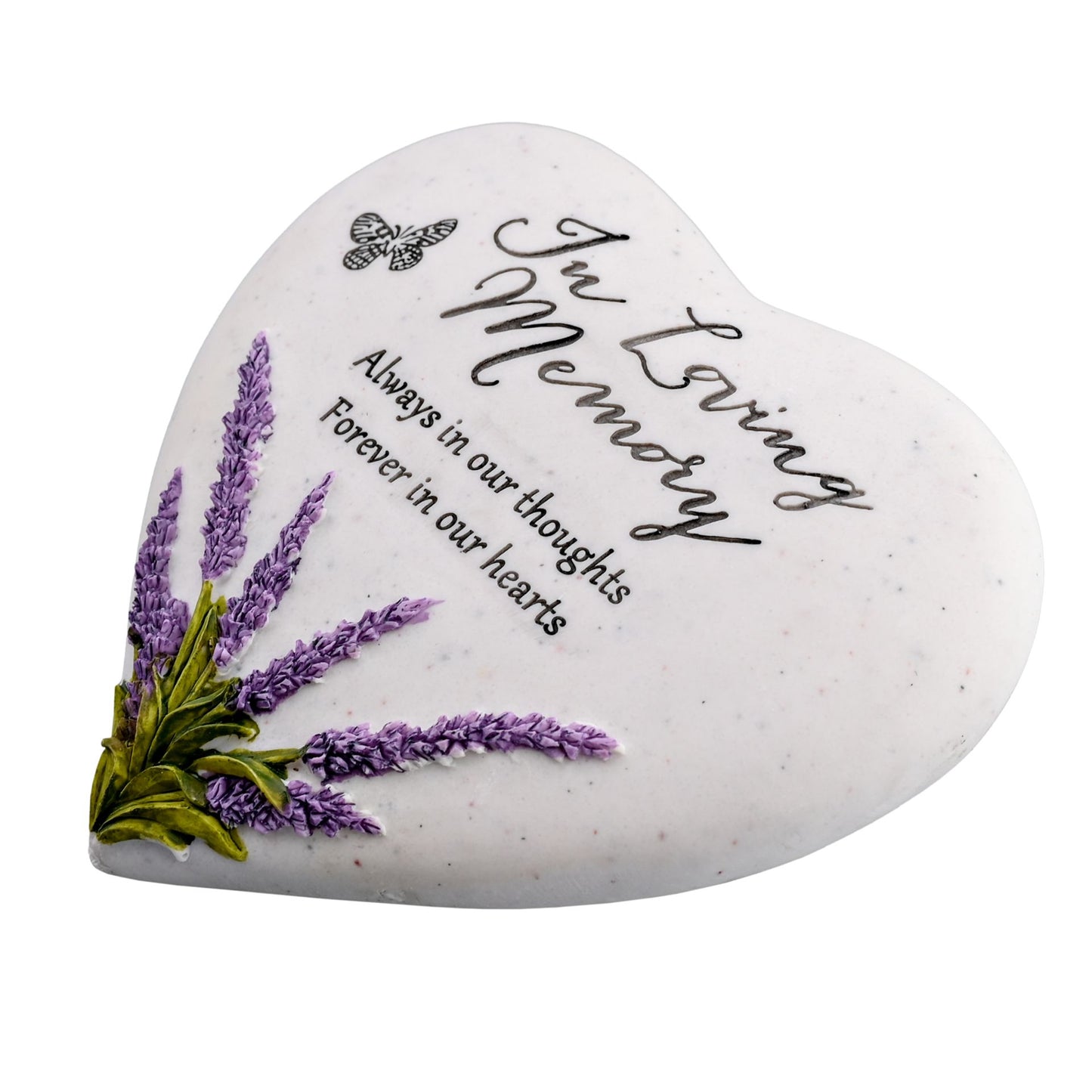 Heart-shaped stone with lavender design and text on a white background