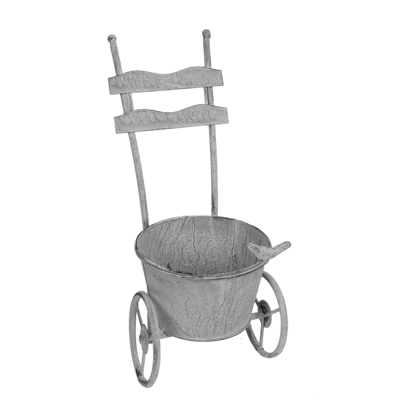 Decorative wheelbarrow planter with a wooden seat on a white background