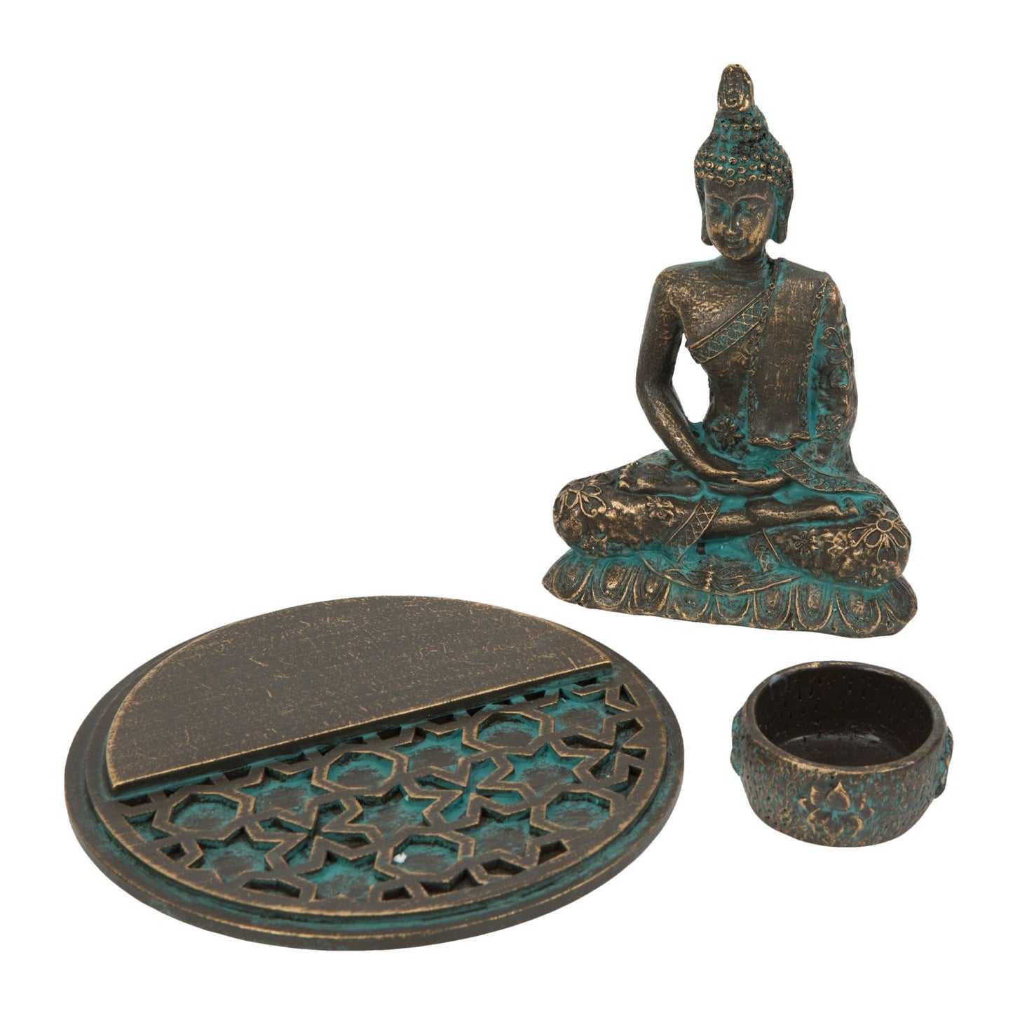 Bronze Buddha statue with a matching incense holder on a white background