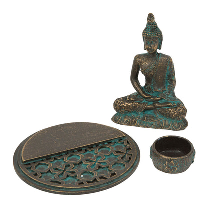 Bronze Buddha statue with a matching incense holder on a white background