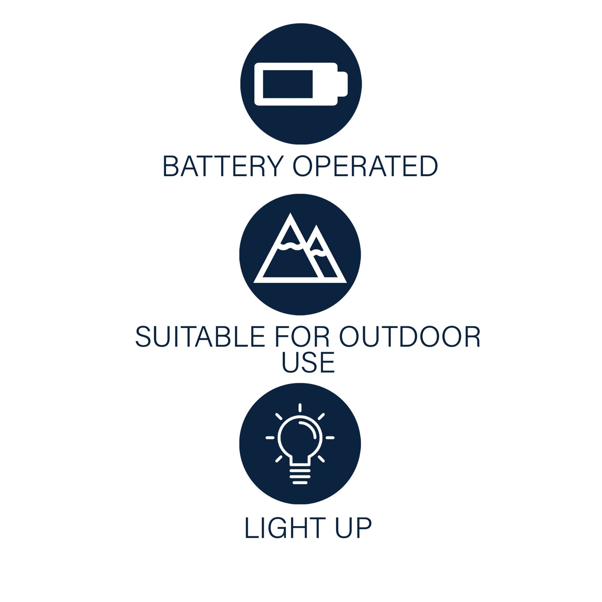 Icons indicating battery-operated, suitable for outdoor use, and light-up features on a white background.