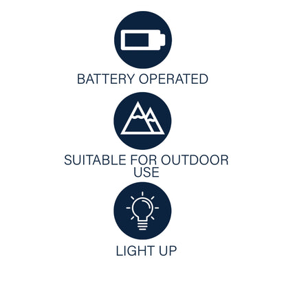 Icons indicating battery-operated, suitable for outdoor use, and light-up features on a white background.