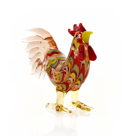 Colorful glass rooster figurine on a white background