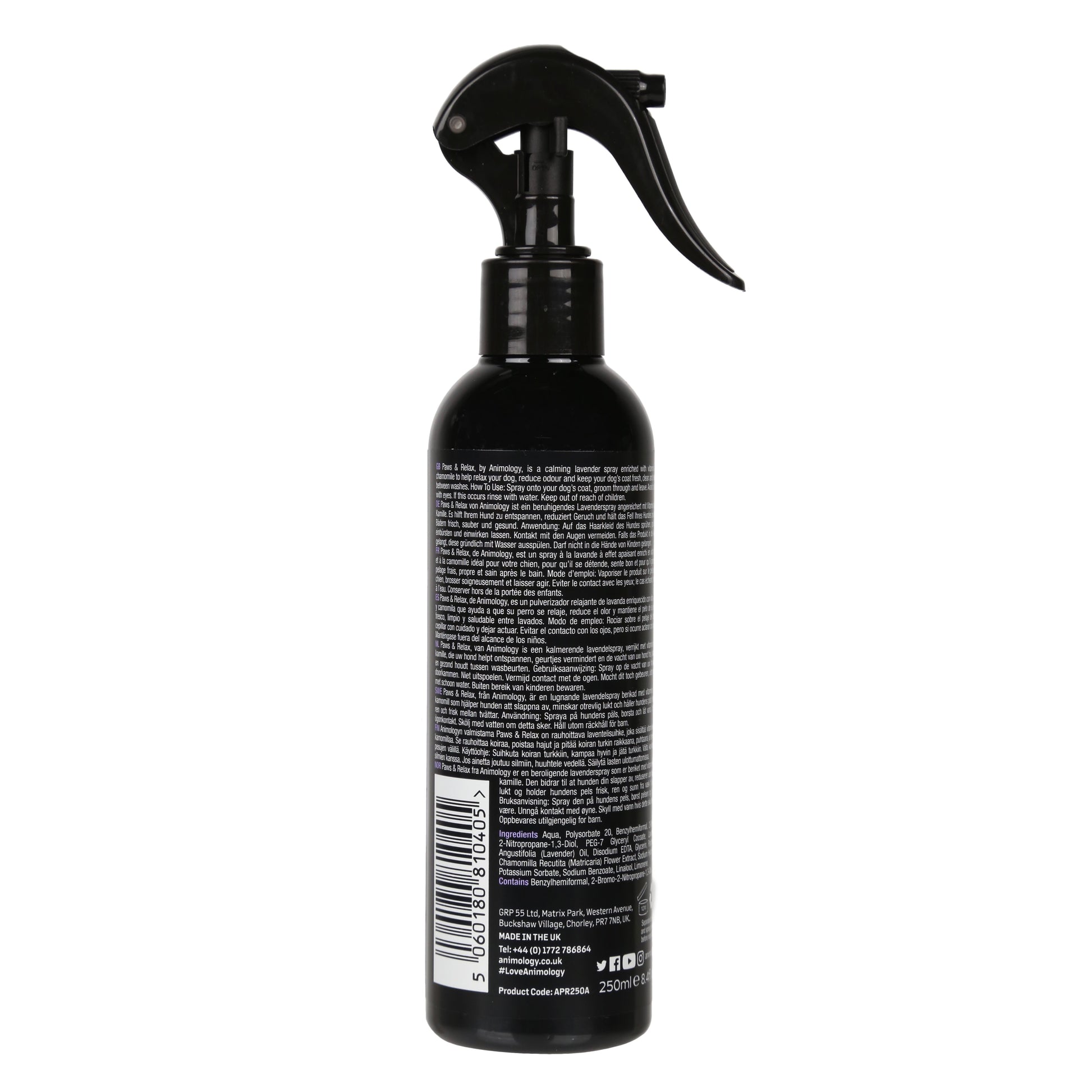 Black spray bottle with label on a white background