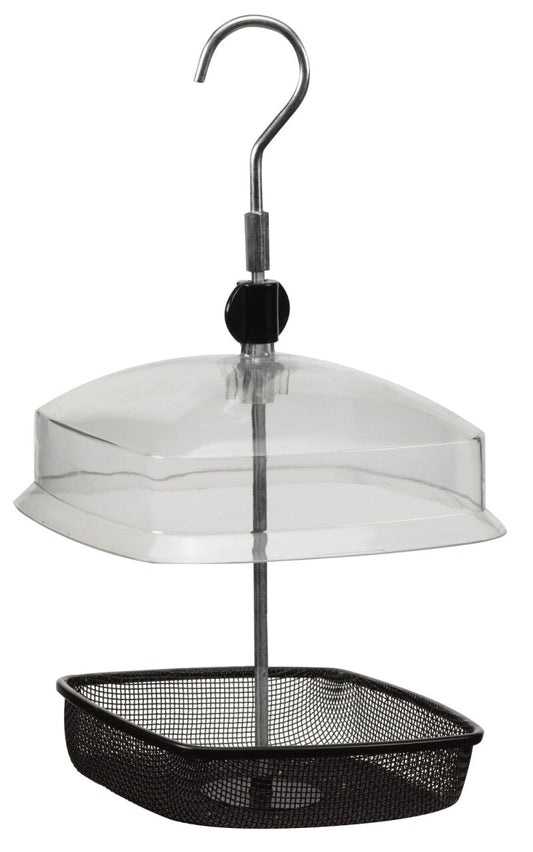 Hanging bird feeder with clear dome and black base on a white background