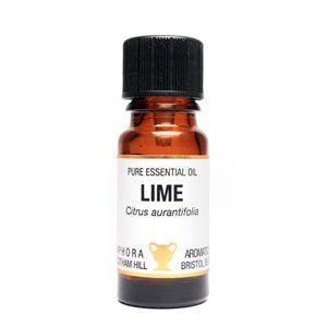 Bottle of pure essential oil labeled 'Lime' on a white background
