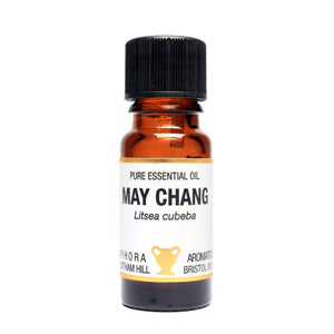 Bottle of May Chang essential oil on a white background