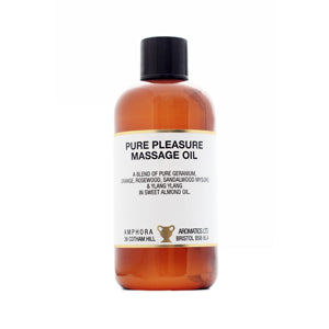 Bottle of pure pleasure massage oil on a white background