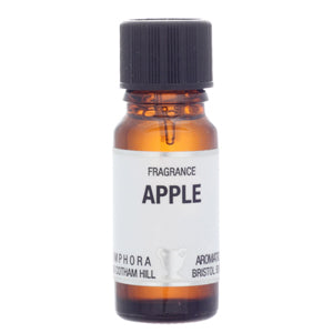 Small amber glass bottle labeled 'Apple' by Aromora on a white background